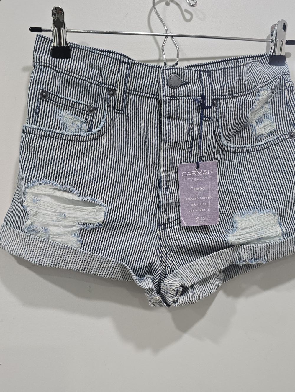 Carmar Phoebe High-Rise Pinstripe Distressed Shorts in Blue and White